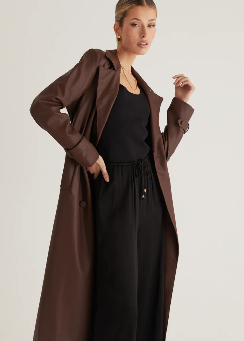 Chanti PU Trench Coat - Chocolate