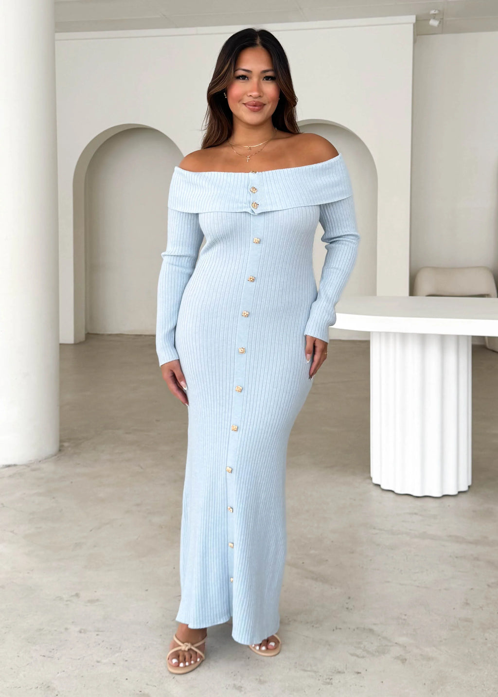Aloe Off Shoulder Knit Maxi Dress - Powder Blue