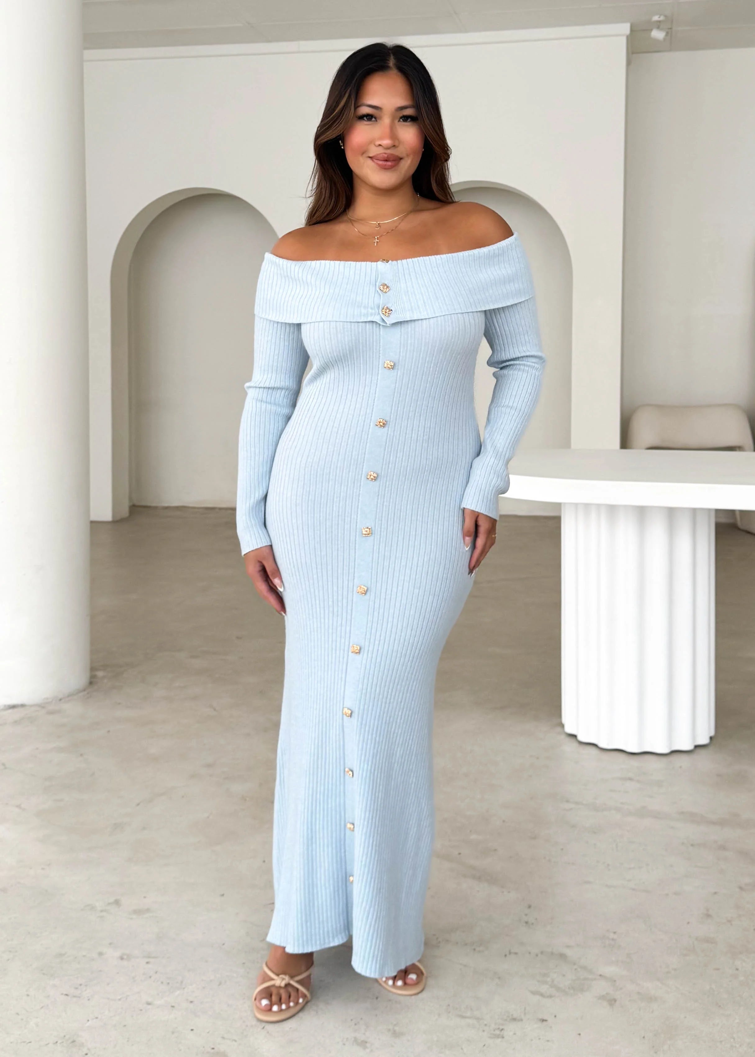 Aloe Off Shoulder Knit Maxi Dress - Powder Blue