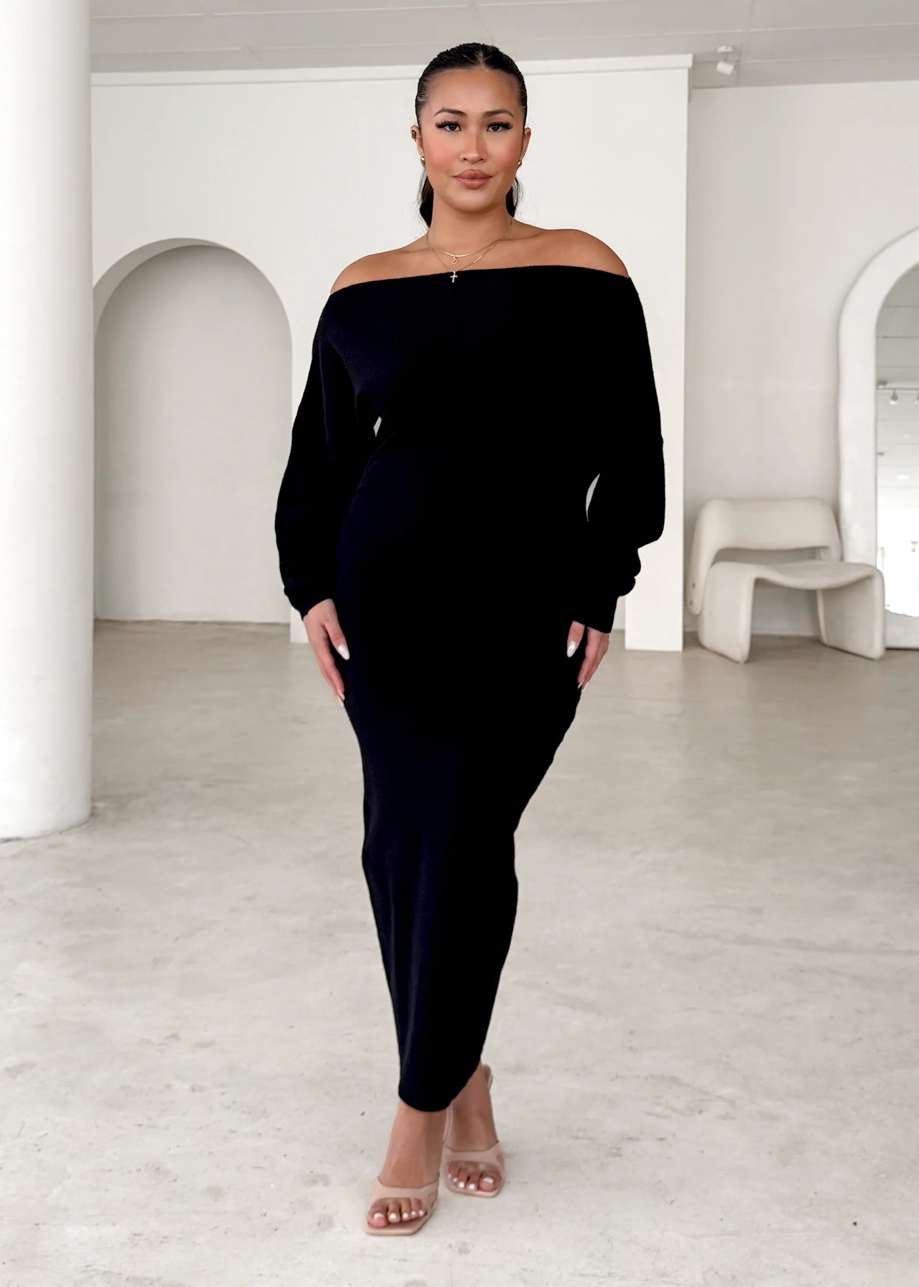Milena Drop Shoulder Knit Midi Dress - Black