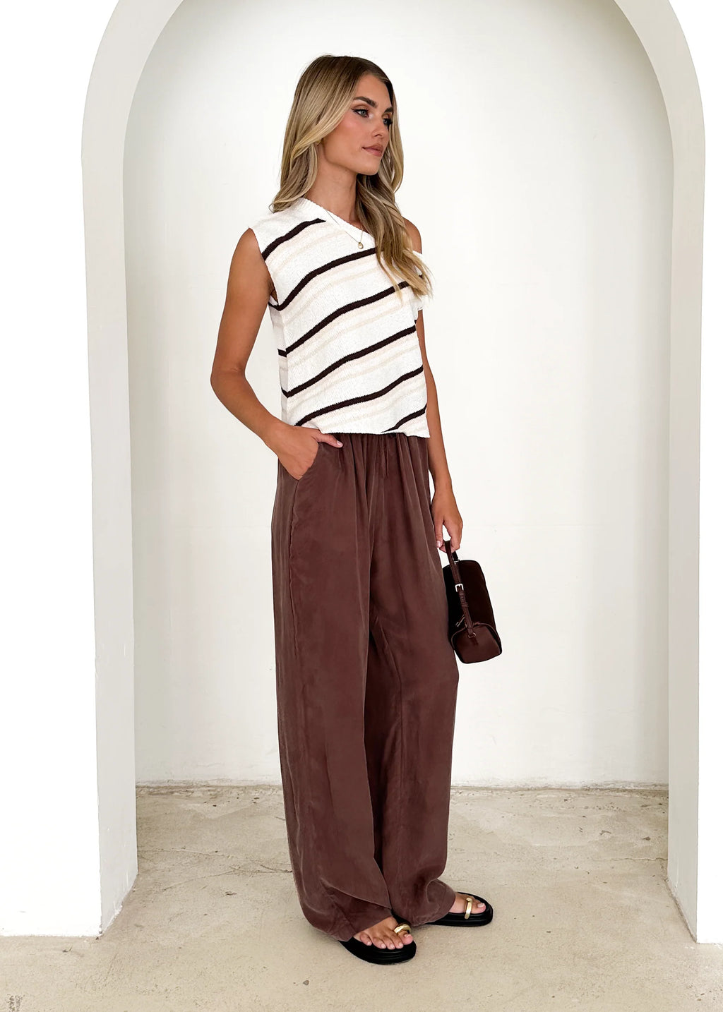 Gracie One Shoulder Knit Top - Choc Stripe