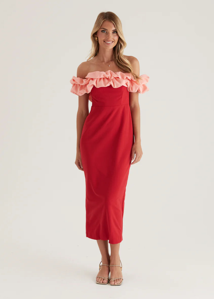 Ashlynn Off Shoulder Midi Dress - Cherry Splice