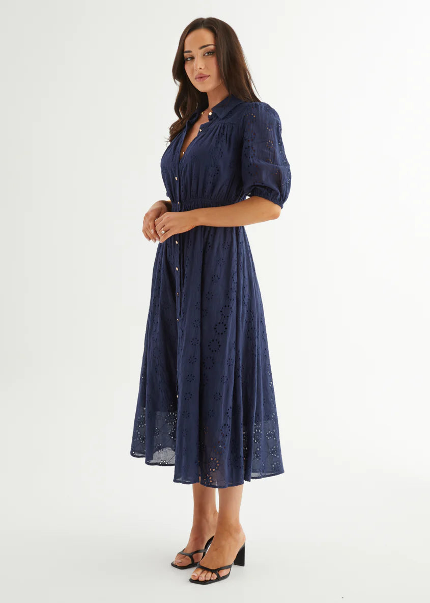 Eryn Midi Dress - Navy Anglaise
