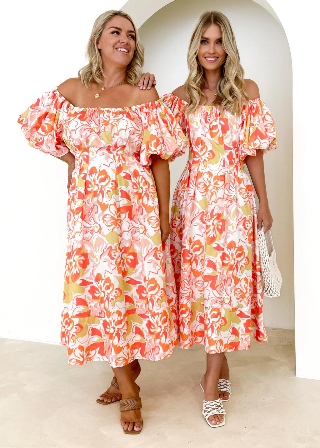 Jasmyn Off Shoulder Midi Dress - Mango Hibiscus
