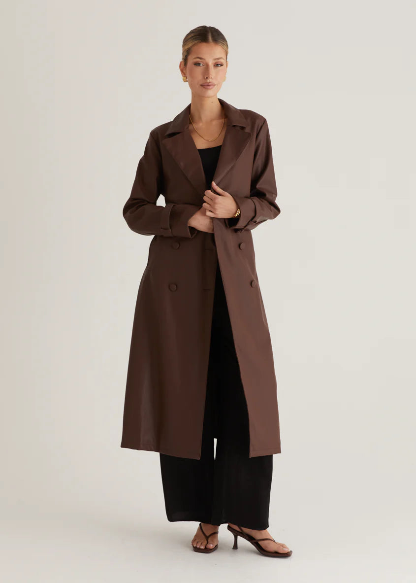 Chanti PU Trench Coat - Chocolate