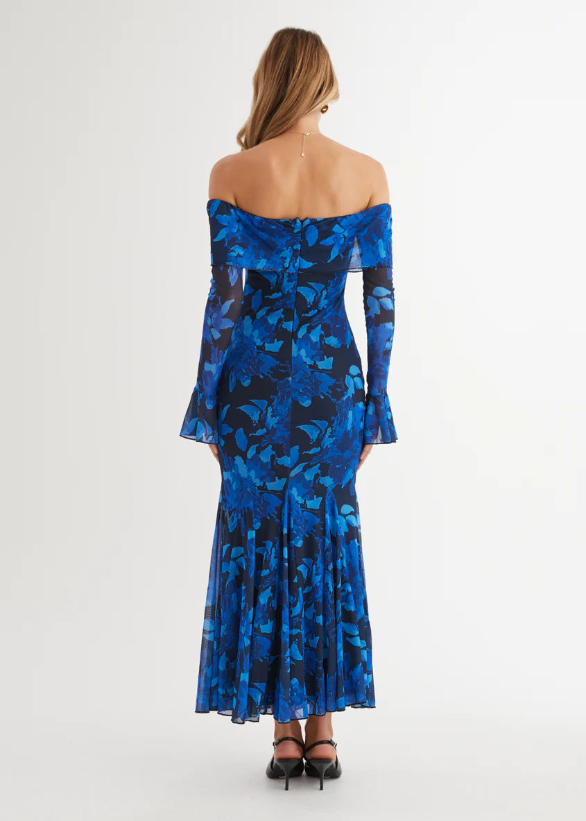Linier Off Shoulder Mesh  Maxi Dress - Blue Floral