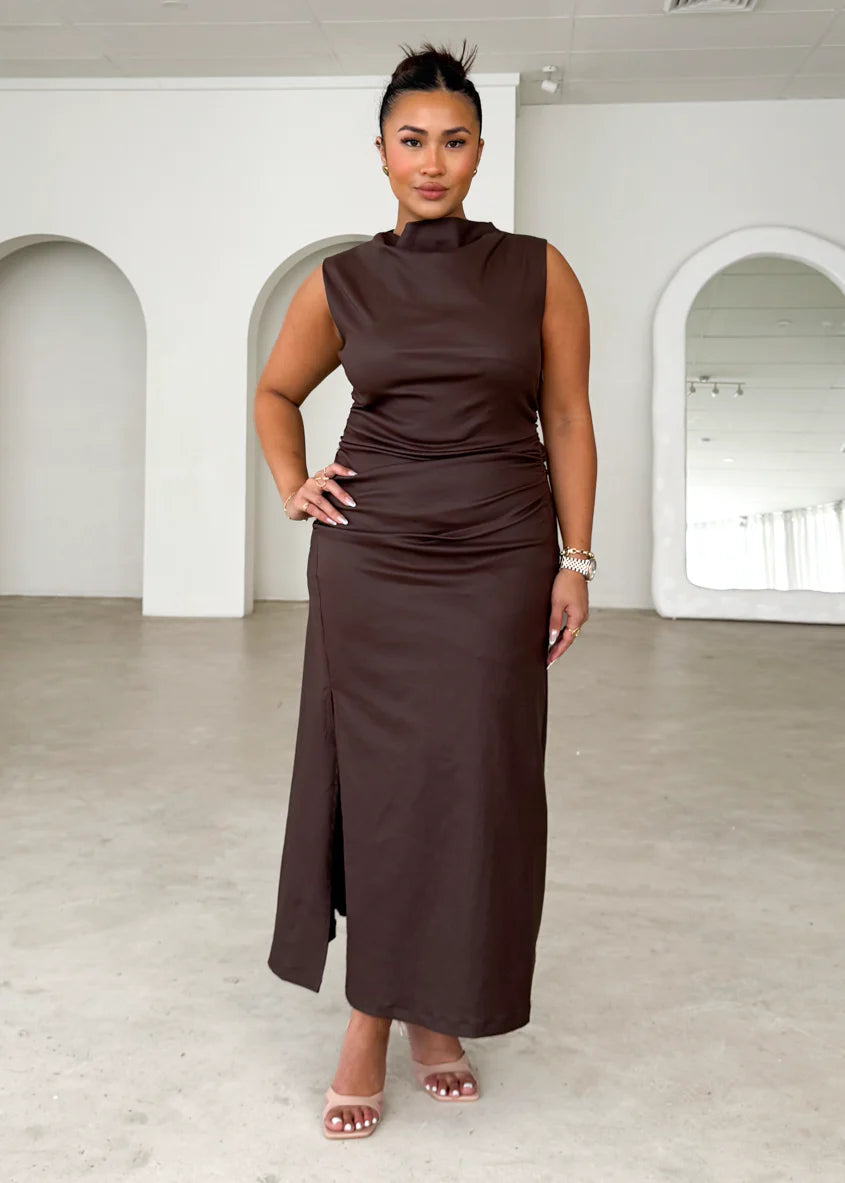 Romella Coated Midi Dress - Chocolate