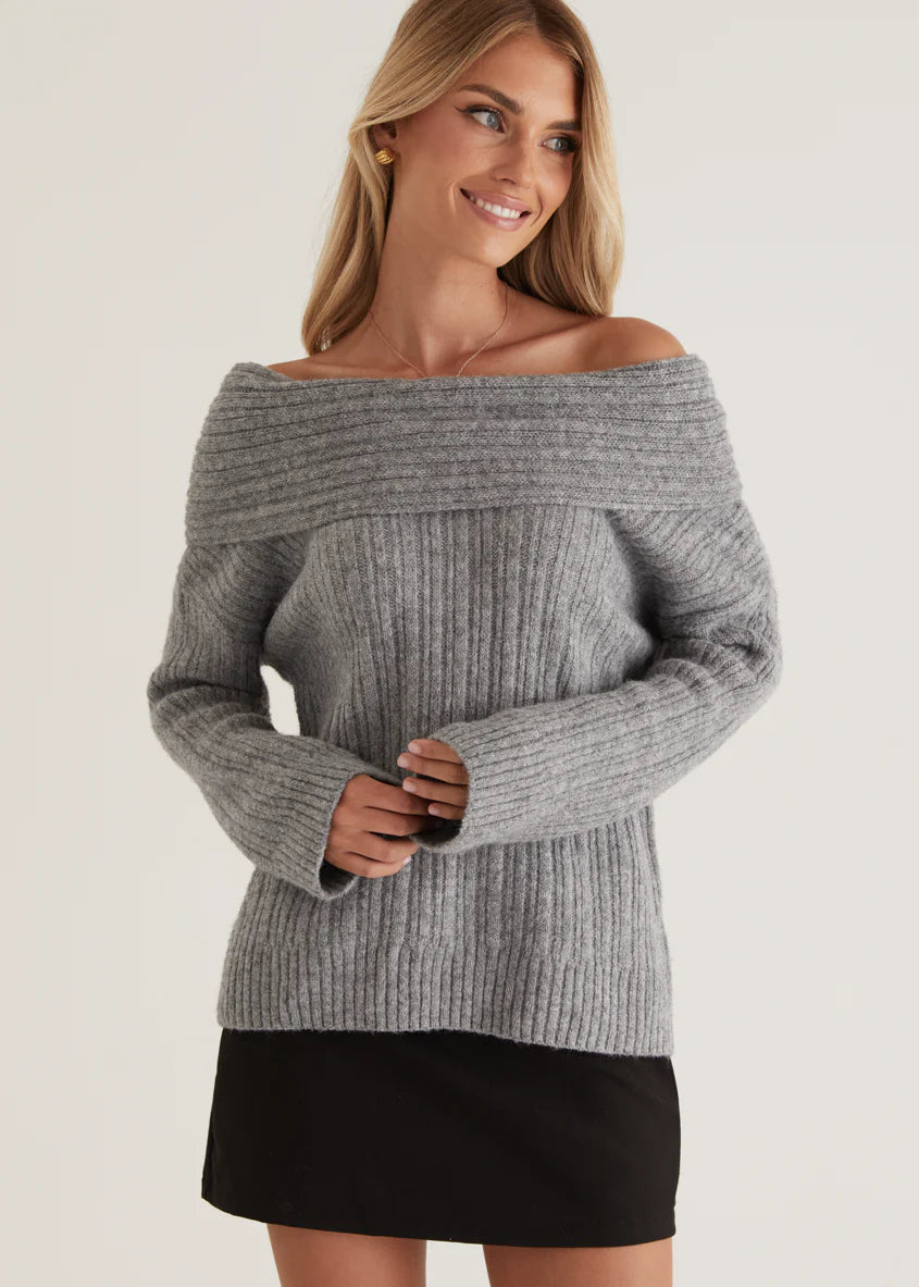 Natlie Off Shoulder Sweater - Grey