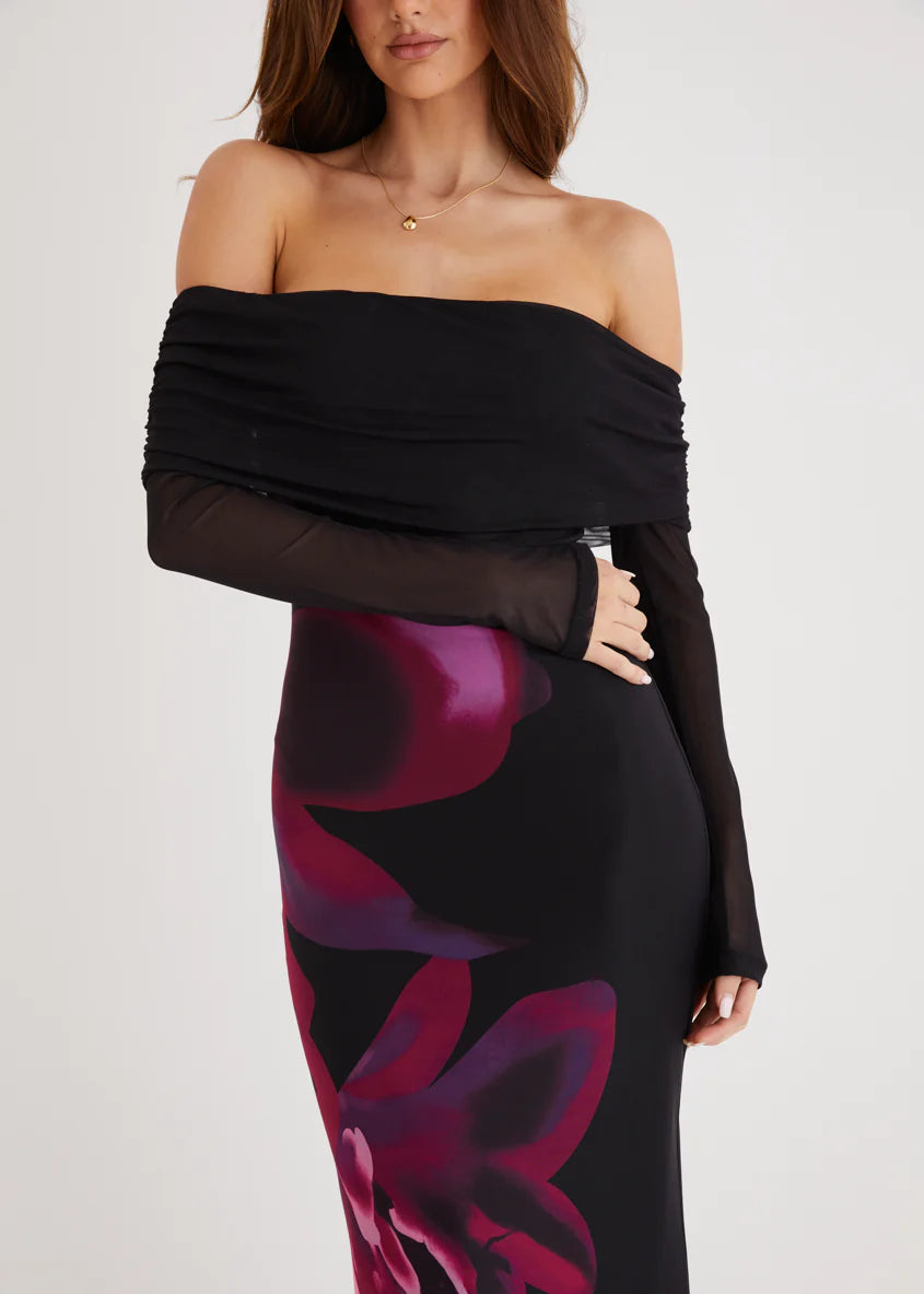 Slate Off Shoulder Mesh Maxi Dress - Black Floral