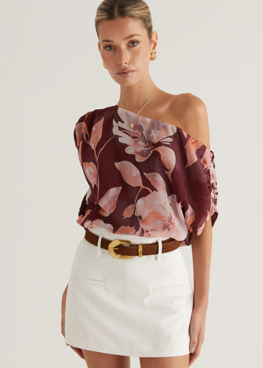 Tatum Off Shoulder Top - Burgundy Floral