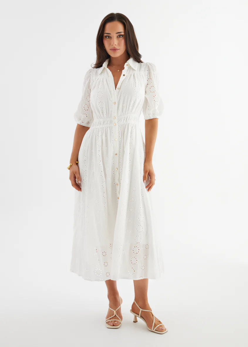Eryn Midi Dress - White Anglaise