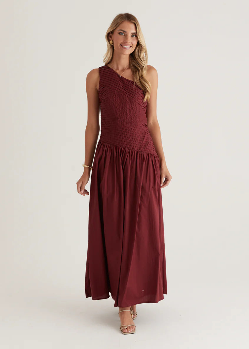 Tazzy One Shoulder Maxi Dress - Burgundy