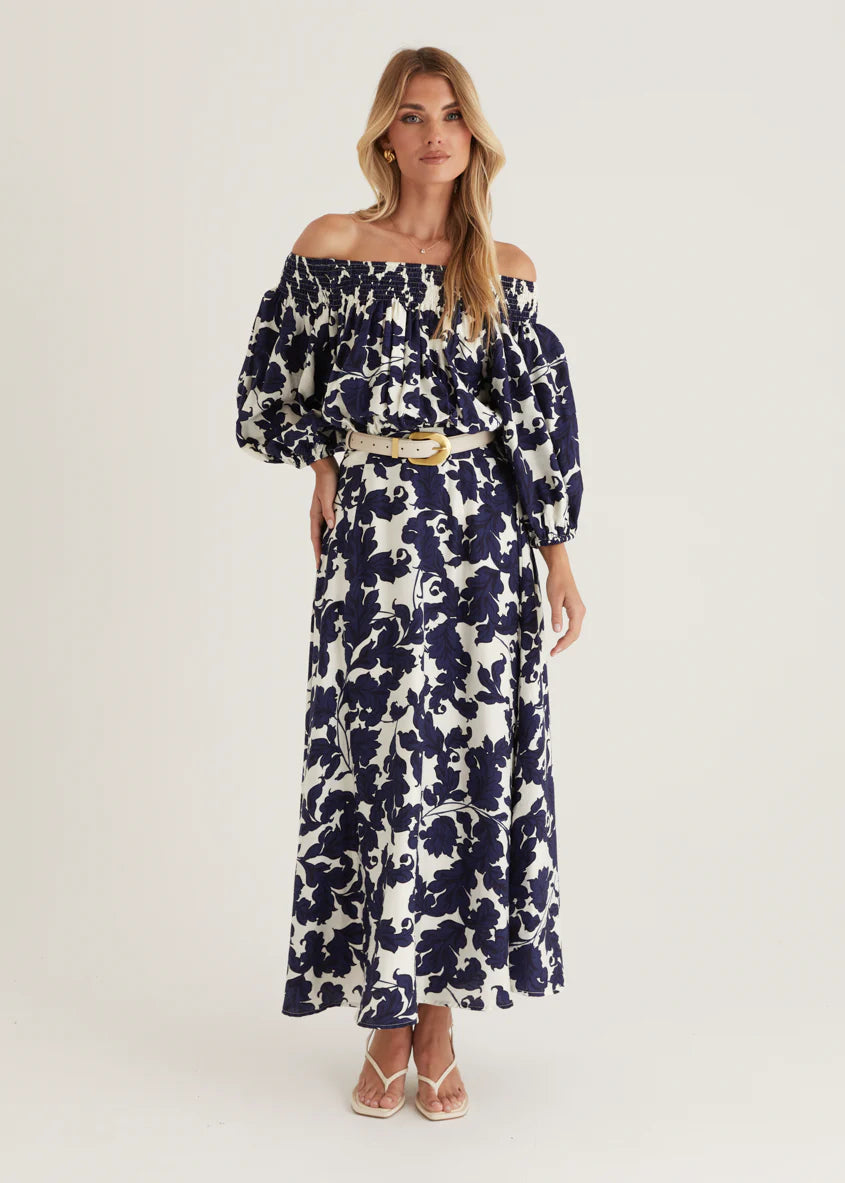 Talu Off Shoulder Midi Dress - Navy Paisley