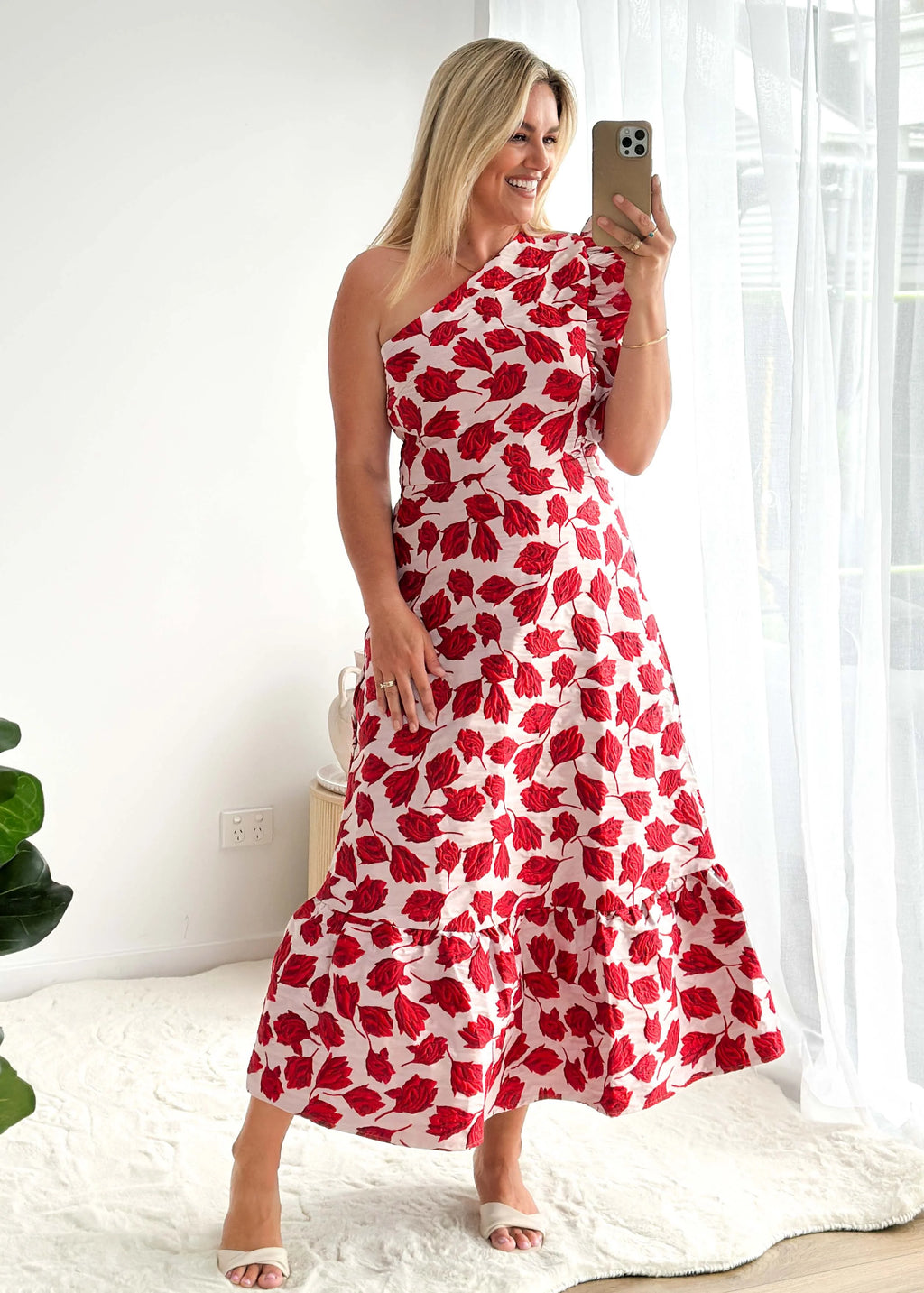 Florez One Shoulder Midi Dress - Red Rose