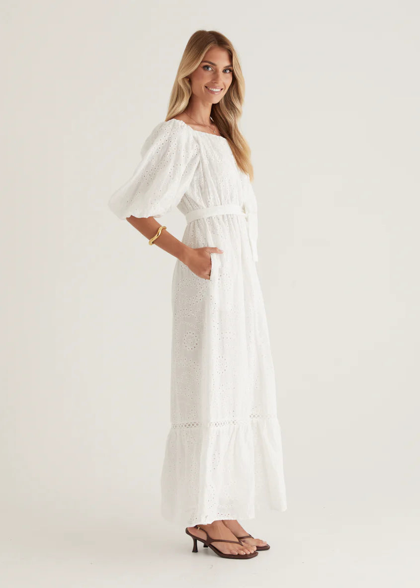 Ellerie Midi Dress - White Anglaise