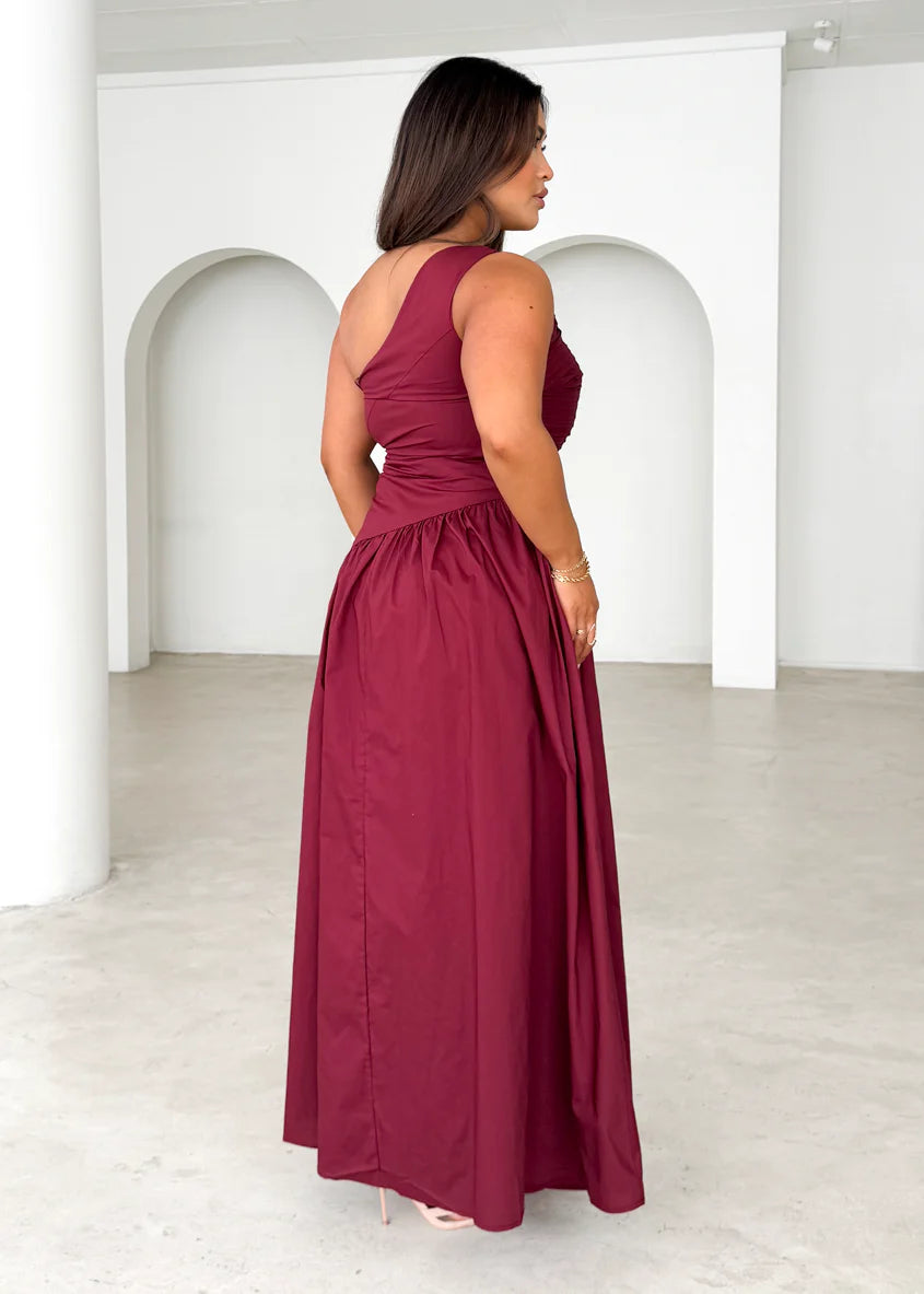 Tazzy One Shoulder Maxi Dress - Burgundy