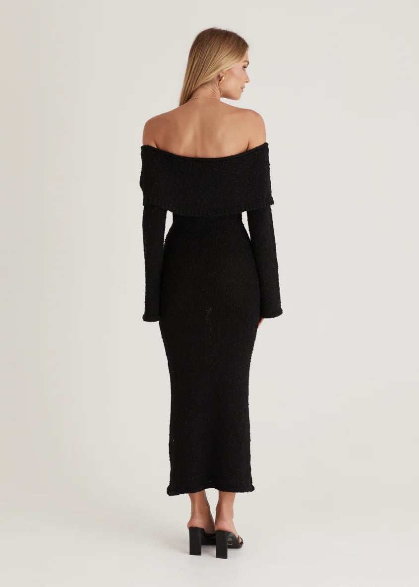 Sky Off Shoulder Knit Midi Dress - Black