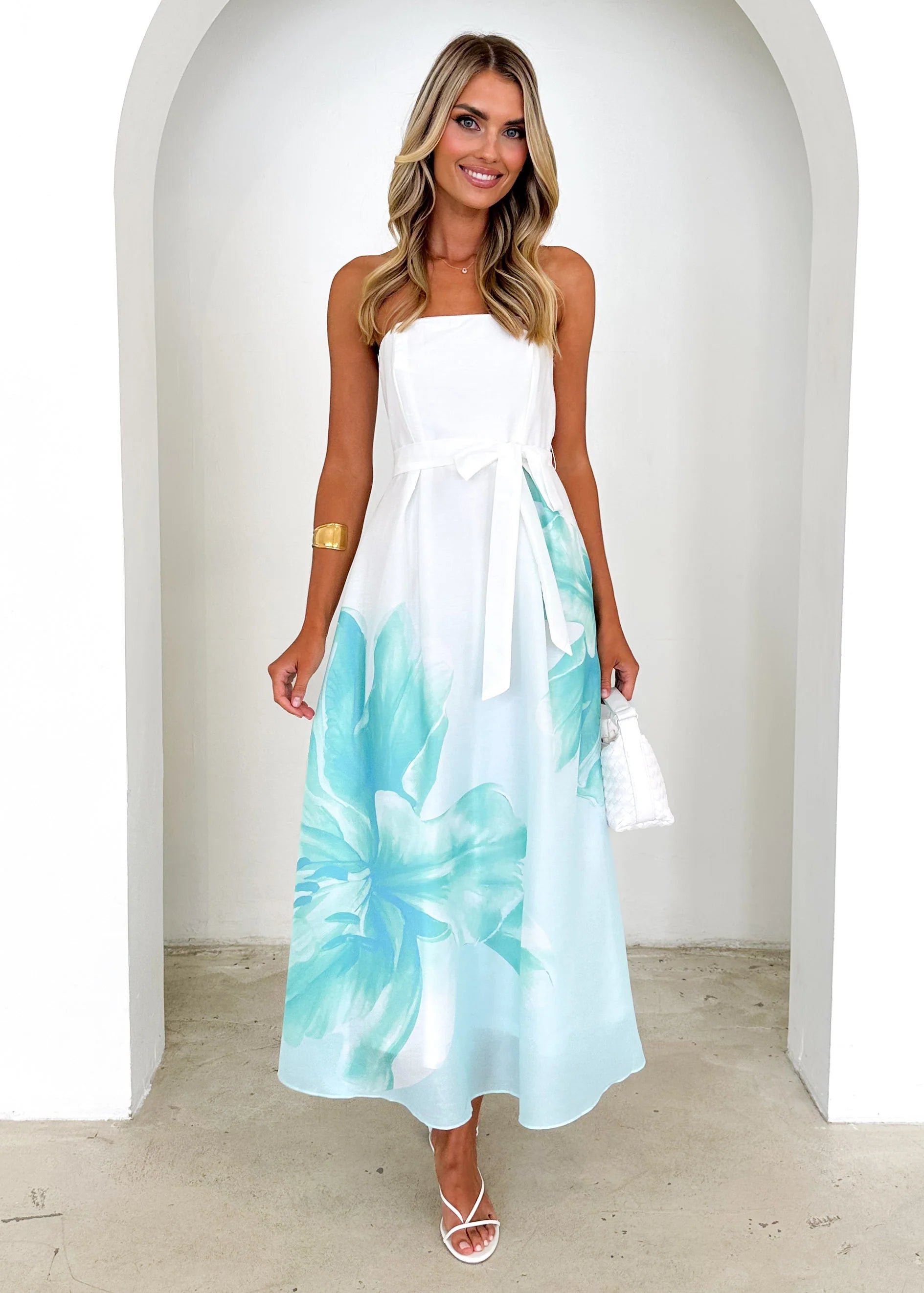 Naya Strapless Midi Dress - Mint Floral