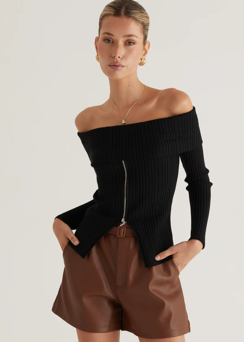 Ember Off Shoulder Knit Top - Black