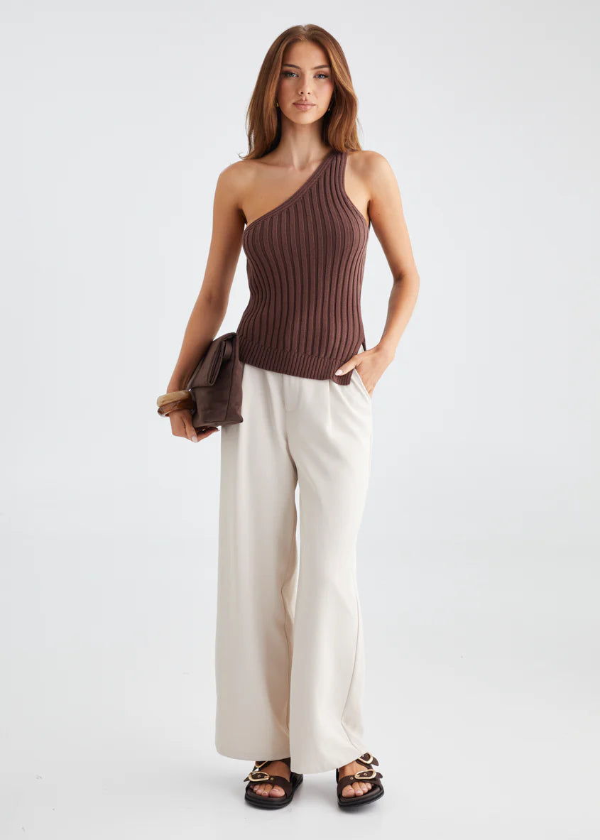 Natalee One Shoulder Knit Top - Chocolate