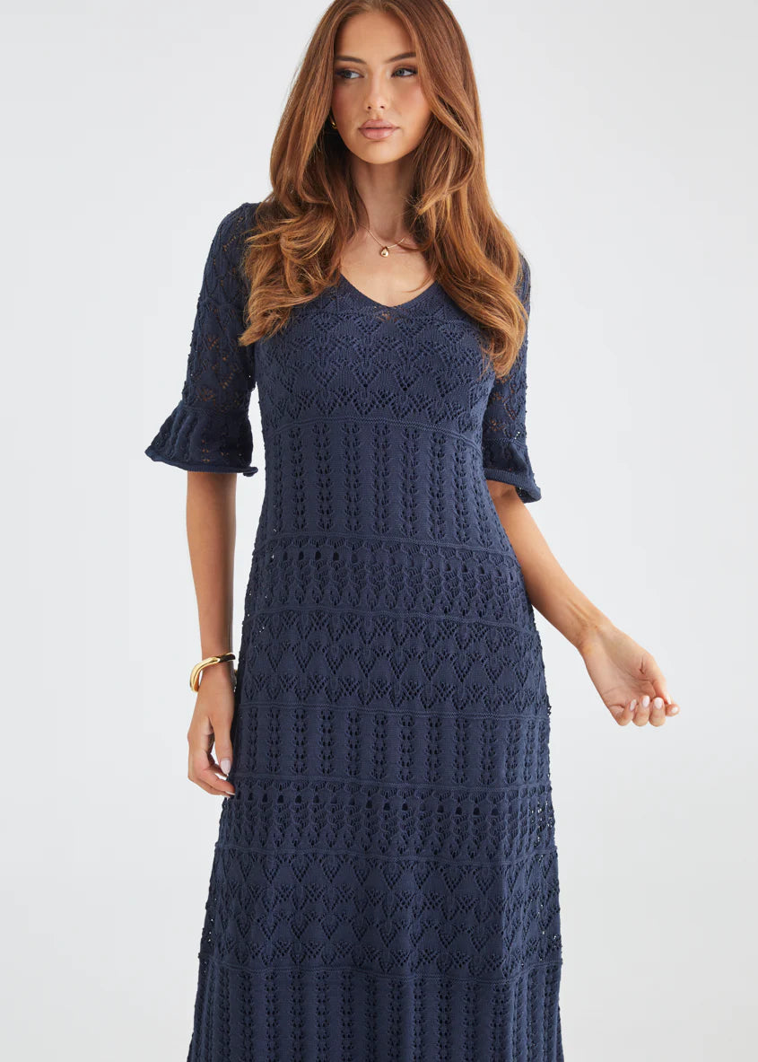 Estrela Crochet Midi Dress - Navy