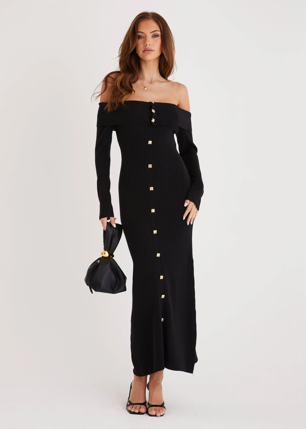 Aloe Off Shoulder Knit Maxi Dress - Black