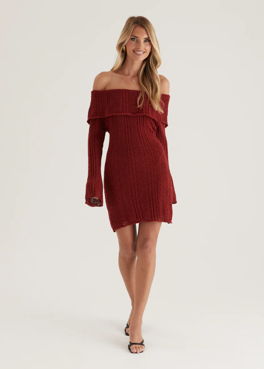 Luna Off Shoulder Knit Dress - Maroon