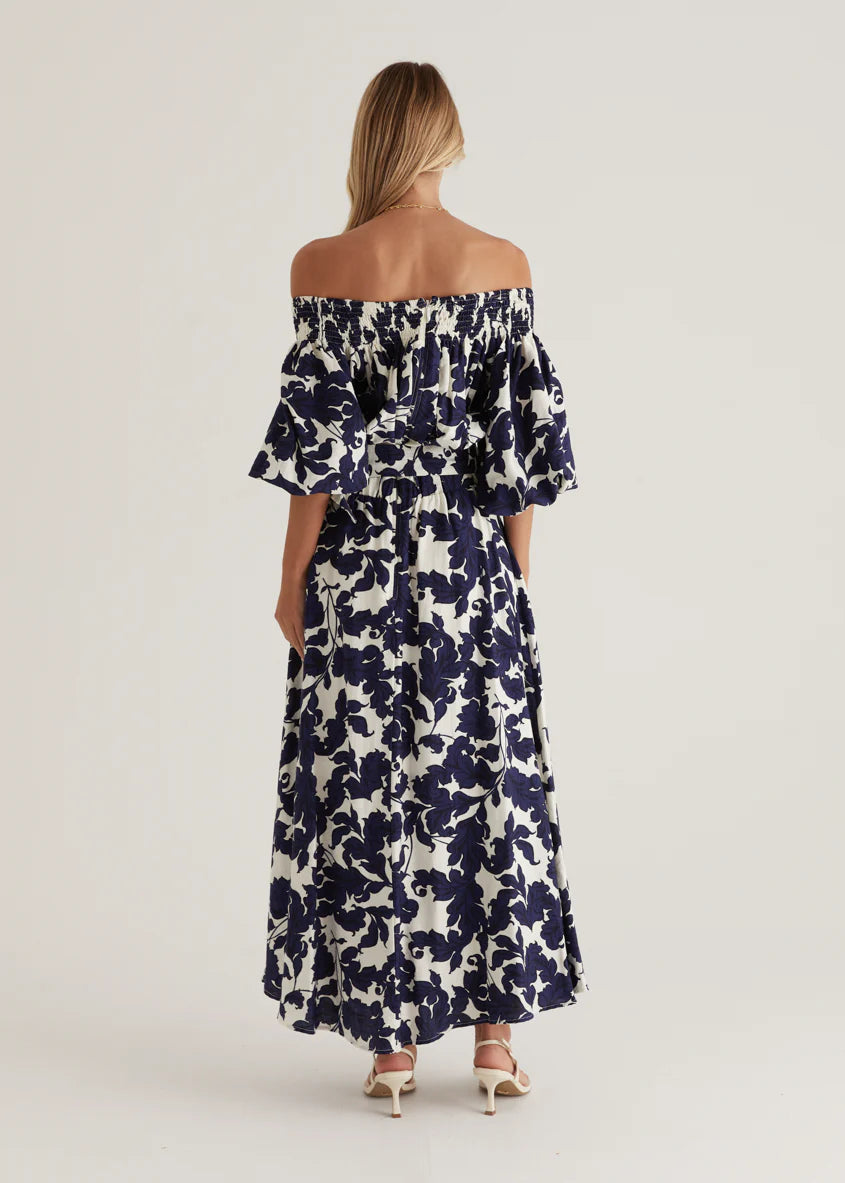 Talu Off Shoulder Midi Dress - Navy Paisley
