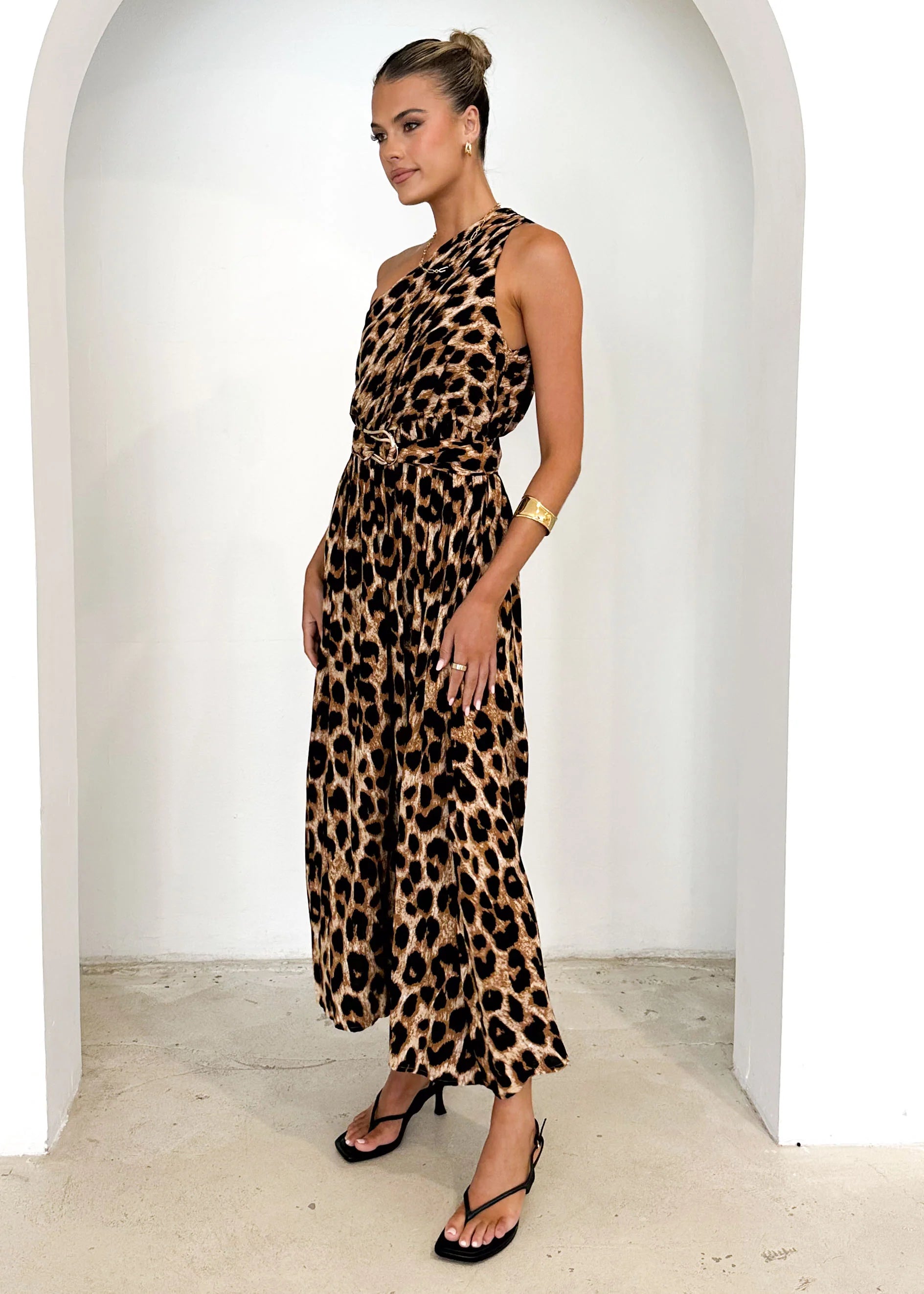 Korah One Shoulder Midi Dress - Leopard