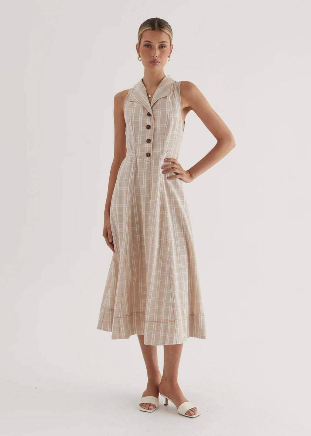 Annie Midi Dress - Beige Check