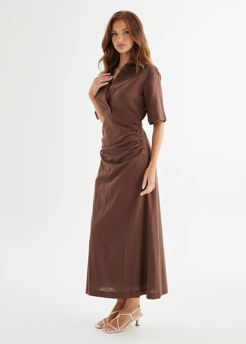 Stellar Linen Midi Dress - Espresso