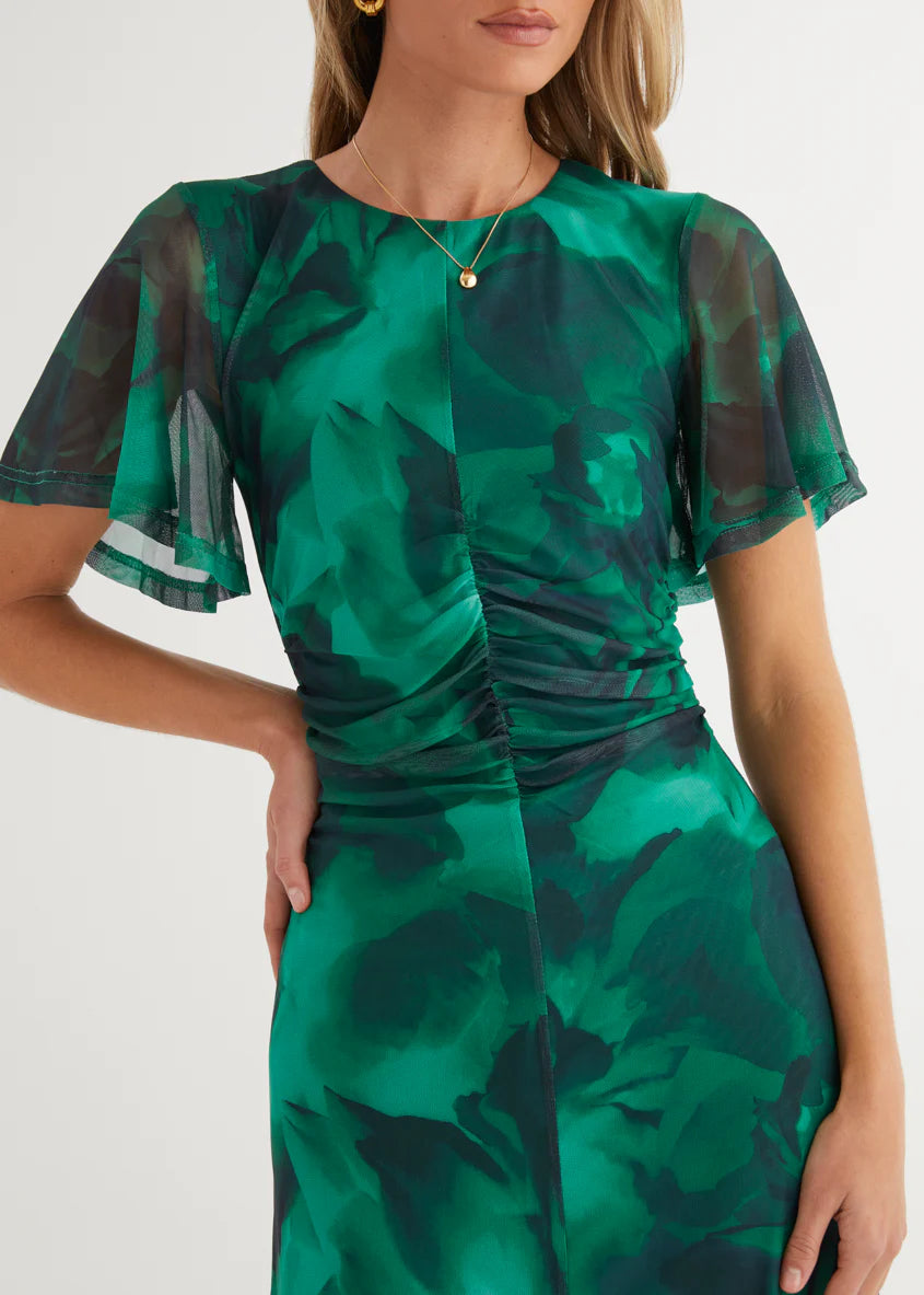 Ricki Mesh Midi Dress - Emerald Watercolour