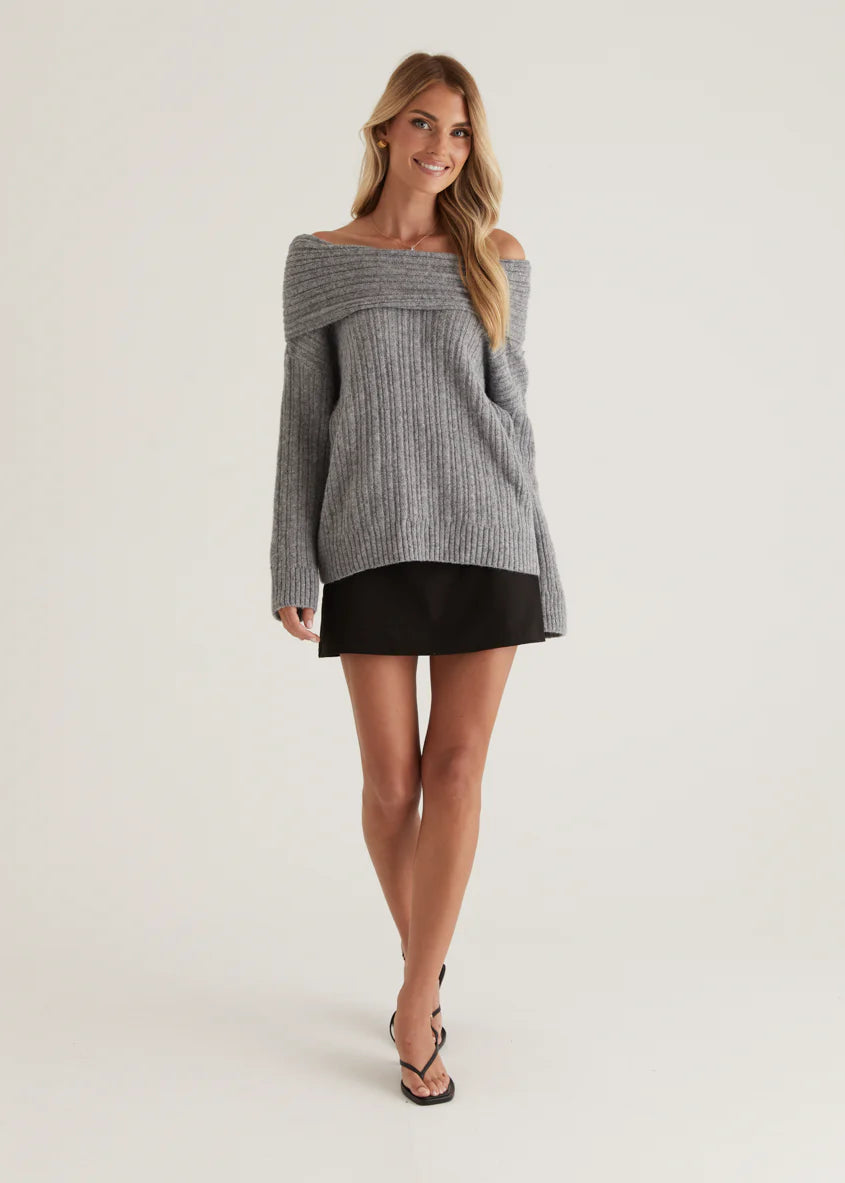 Natlie Off Shoulder Sweater - Grey