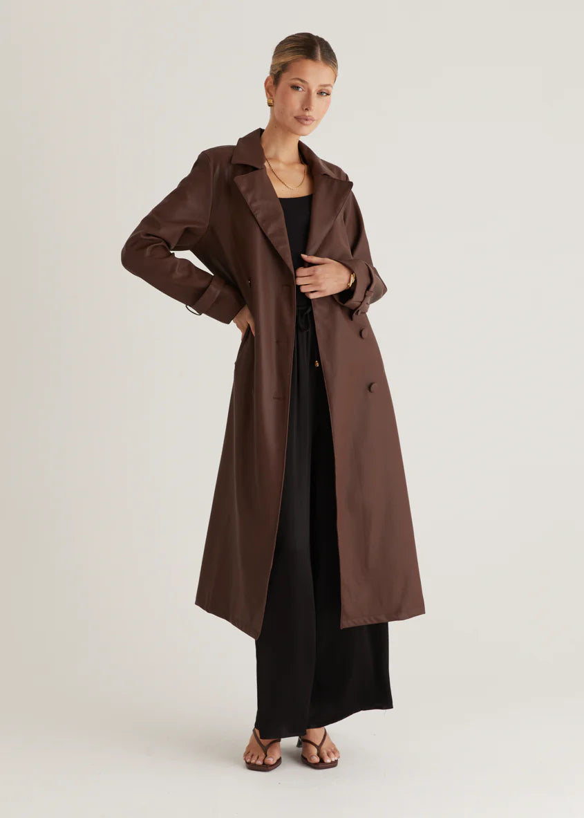Chanti PU Trench Coat - Chocolate