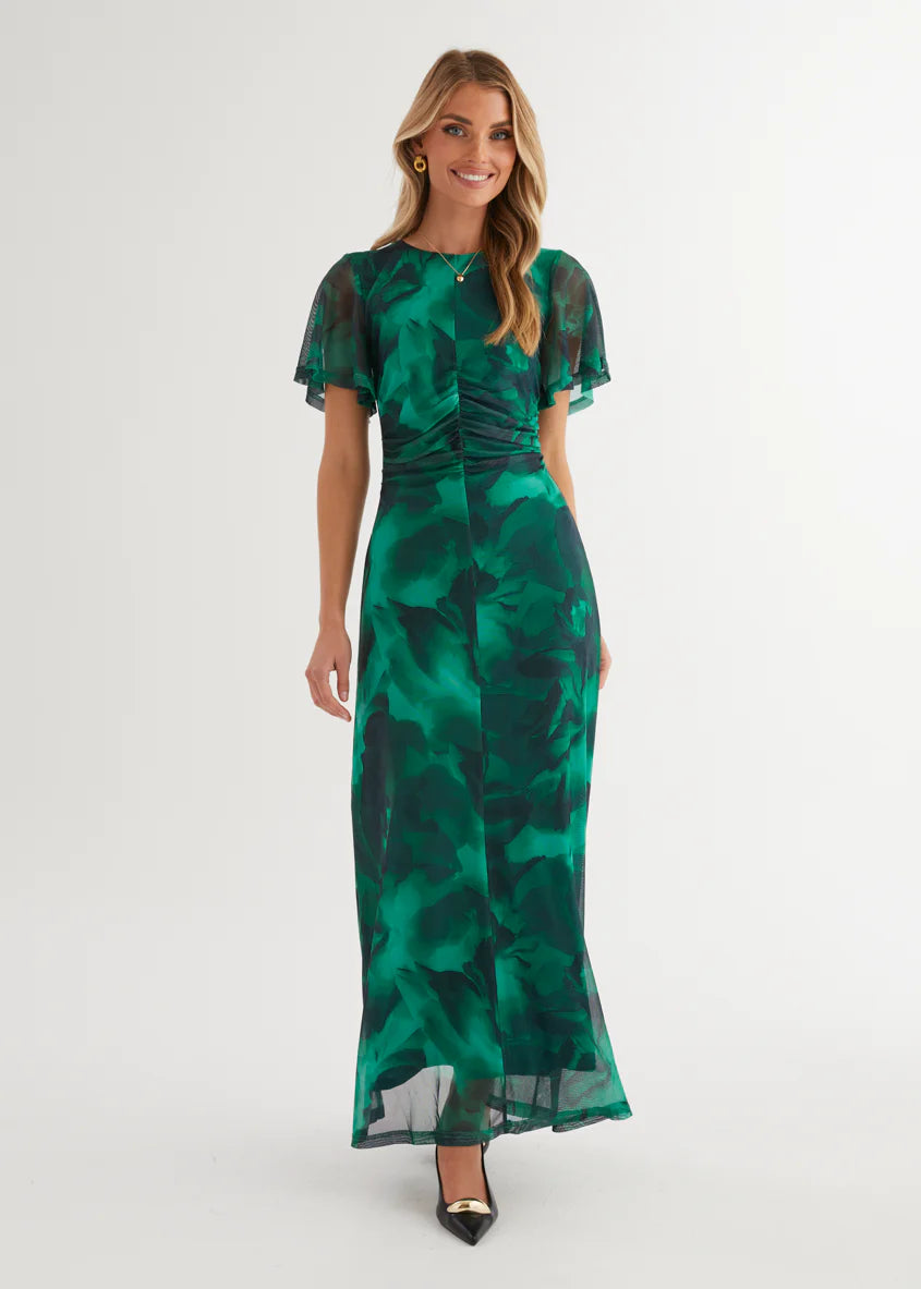 Ricki Mesh Midi Dress - Emerald Watercolour