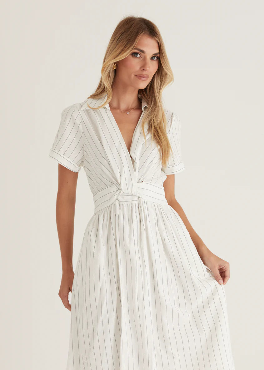 Santana Midi Dress - White Pinstripe