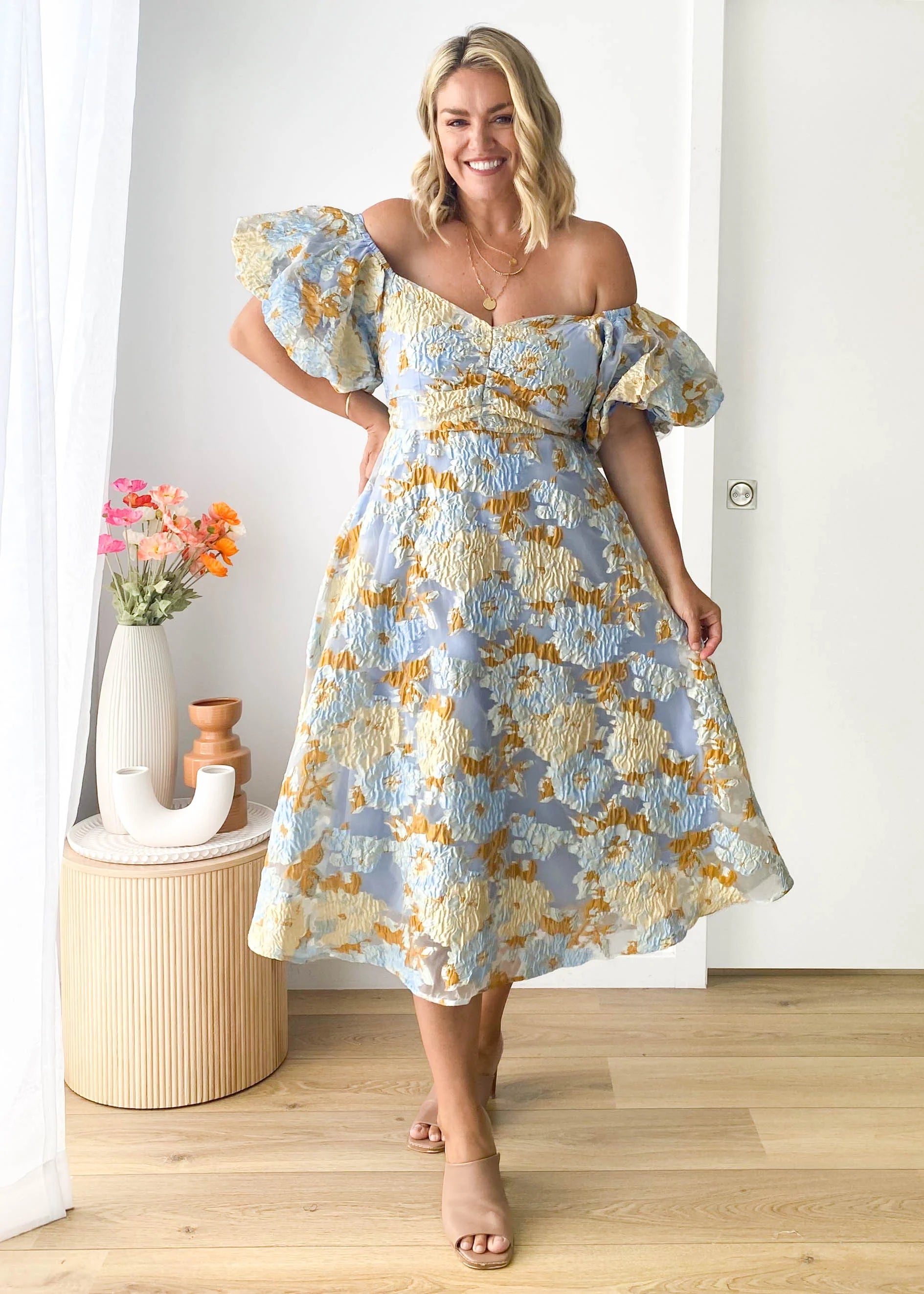 Tulliah Off Shoulder Midi Dress - Blue Jacquard