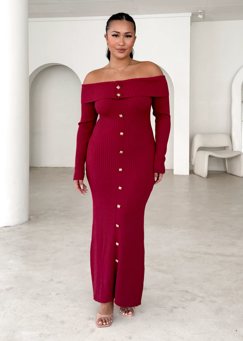 Aloe Off Shoulder Knit Maxi Dress - Wine