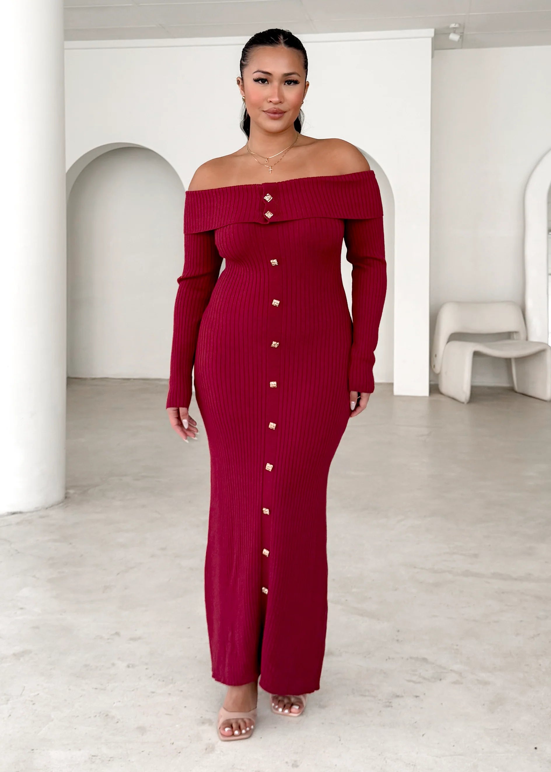 Aloe Off Shoulder Knit Maxi Dress - Wine