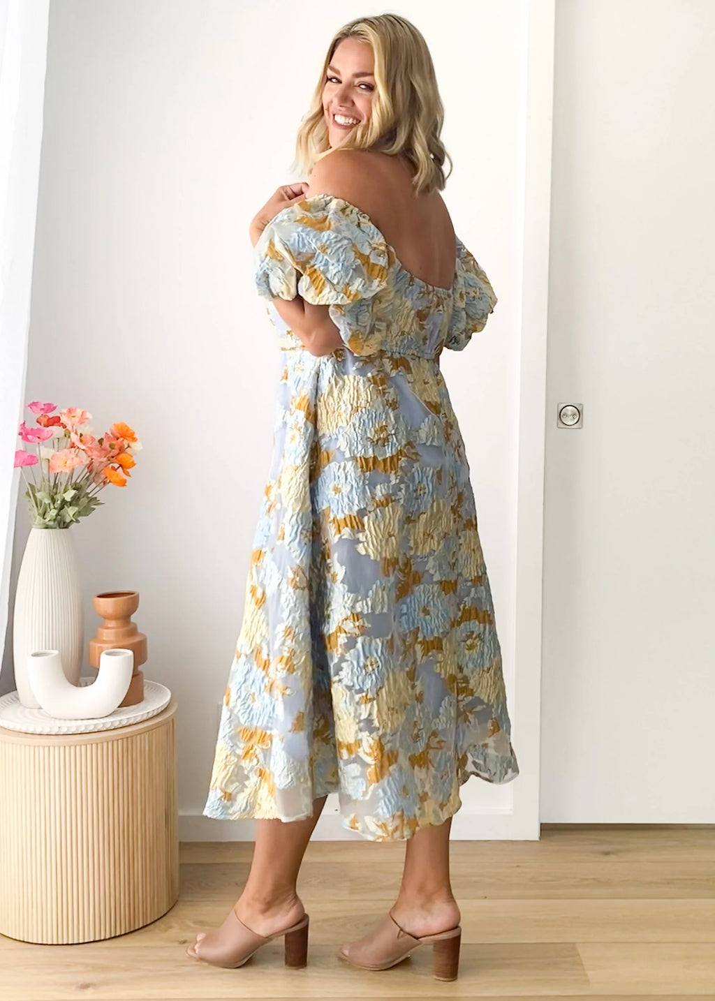 Tulliah Off Shoulder Midi Dress - Blue Jacquard