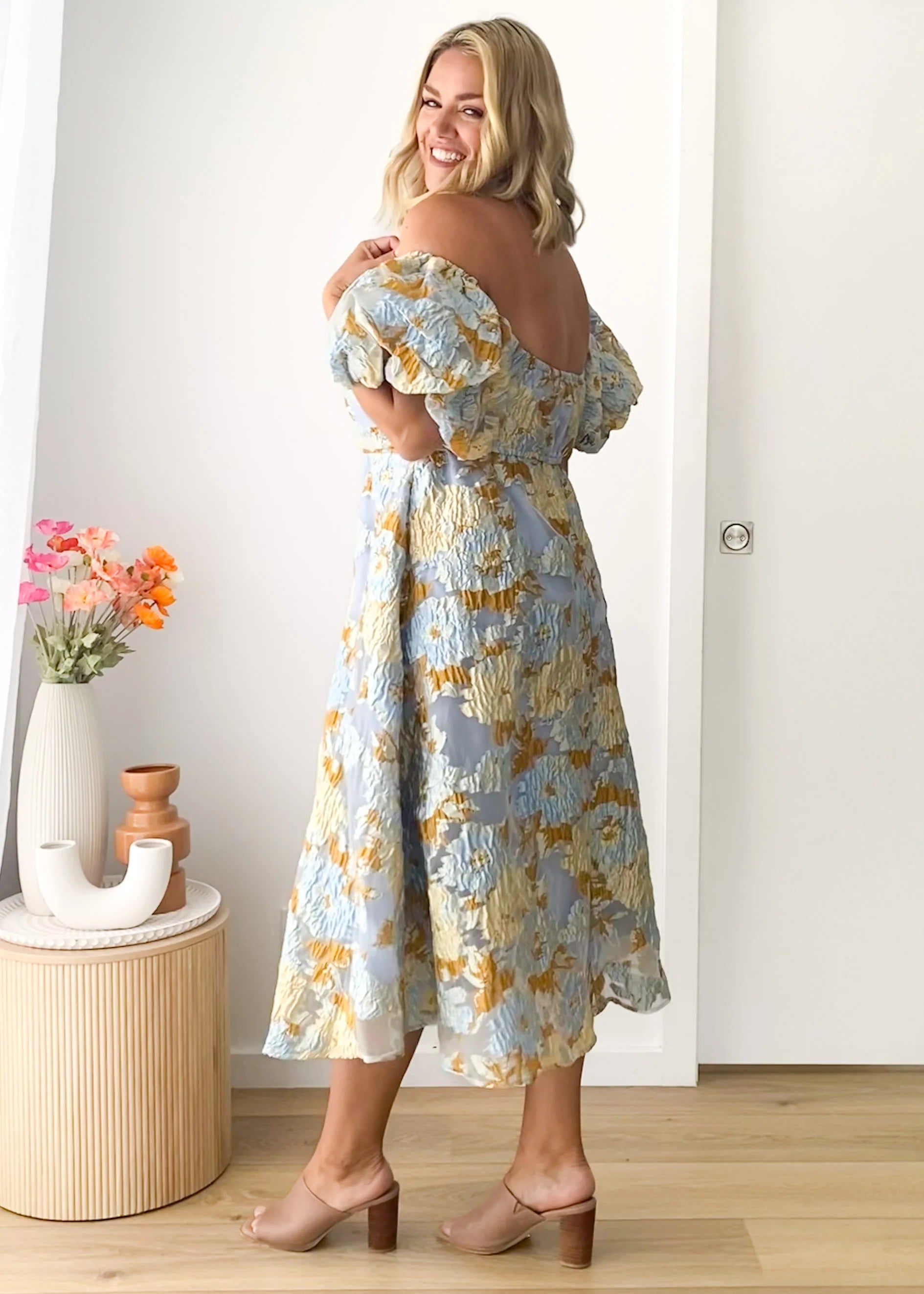 Tulliah Off Shoulder Midi Dress - Blue Jacquard