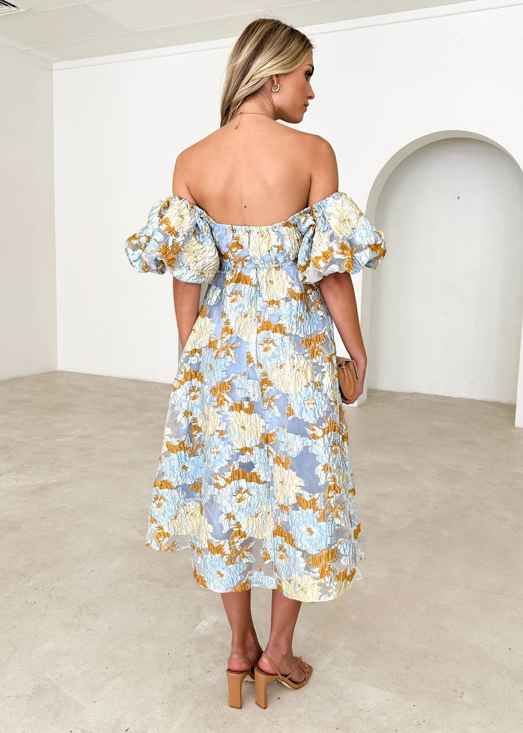 Tulliah Off Shoulder Midi Dress - Blue Jacquard