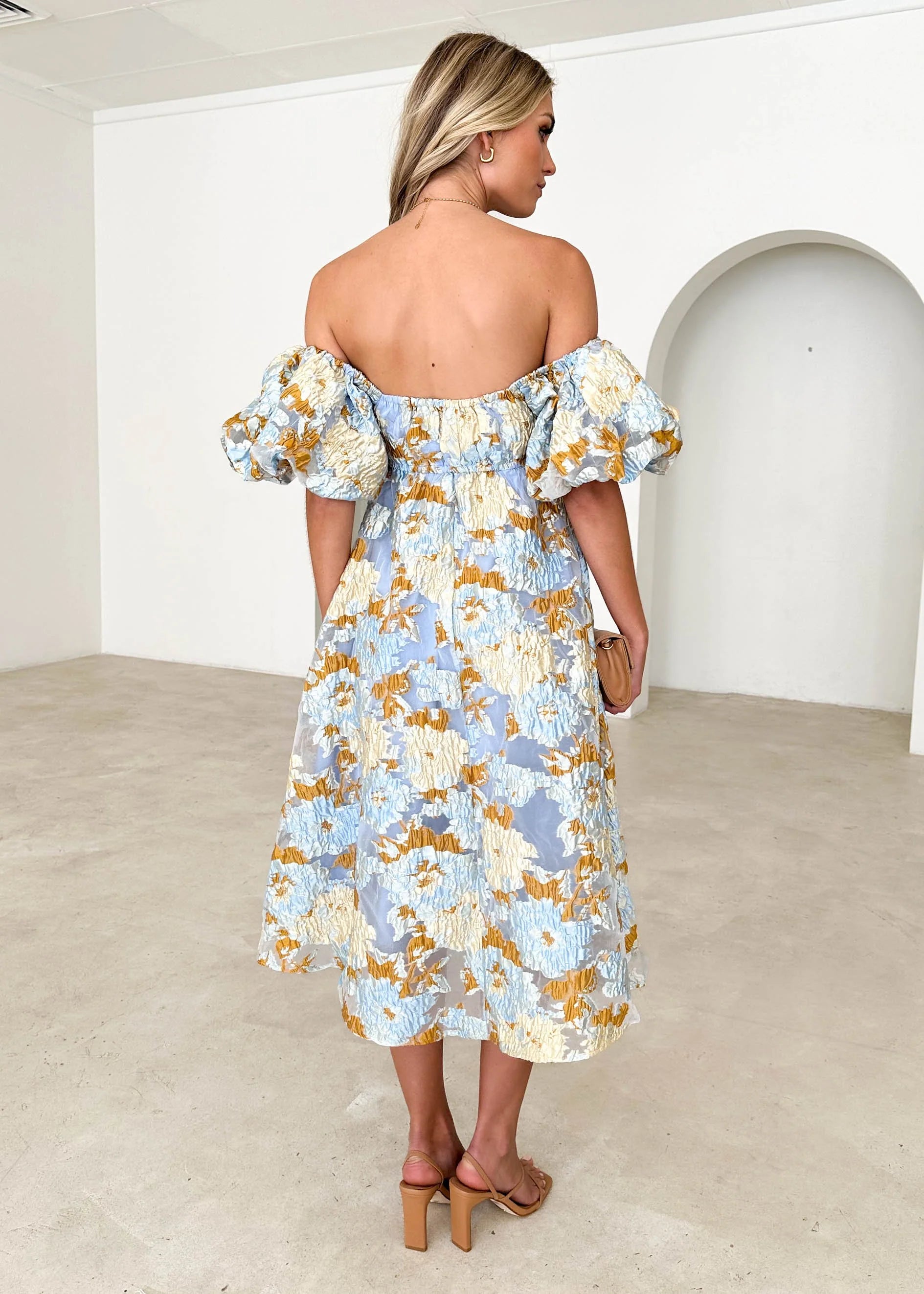 Tulliah Off Shoulder Midi Dress - Blue Jacquard