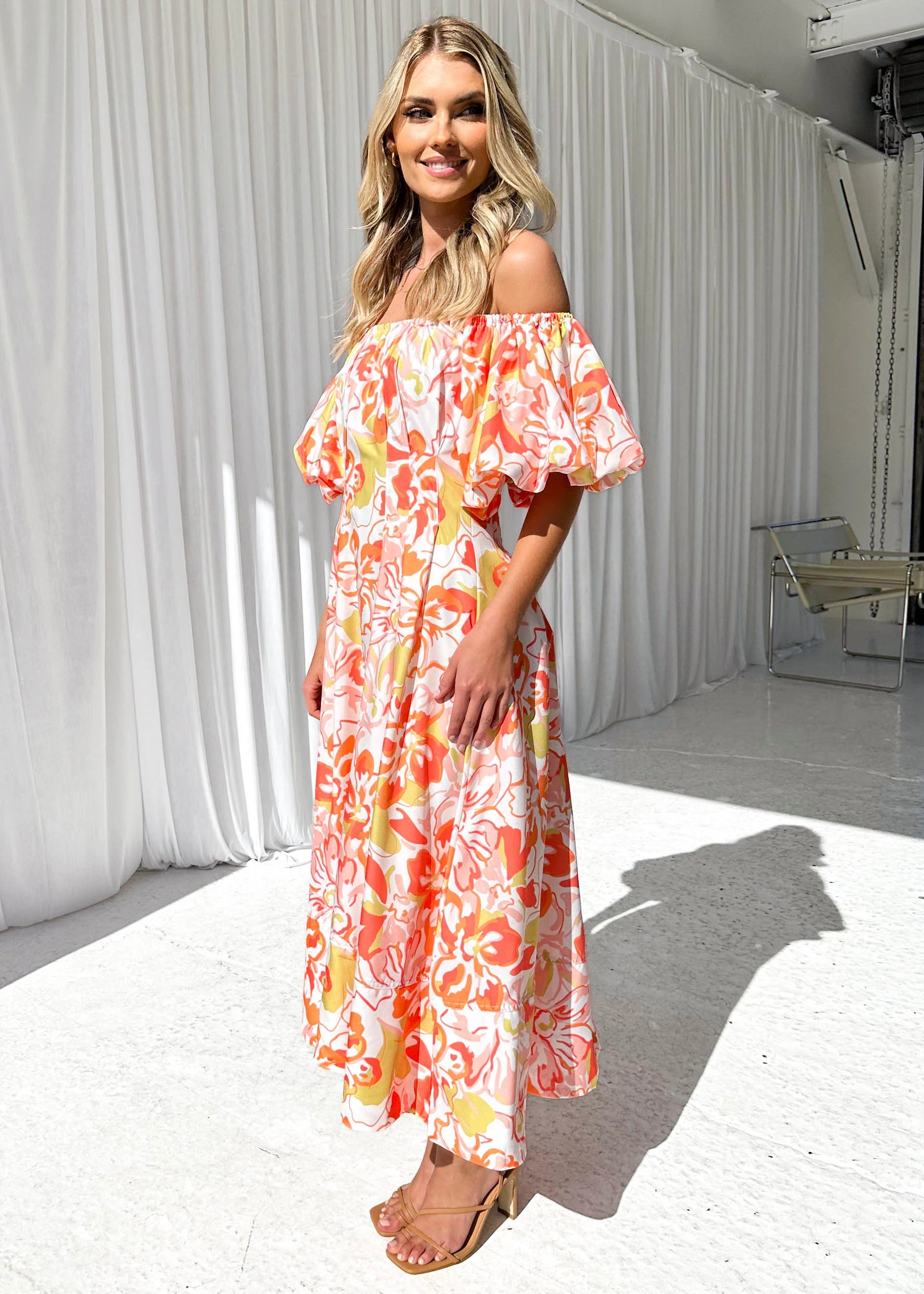 Jasmyn Off Shoulder Midi Dress - Mango Hibiscus