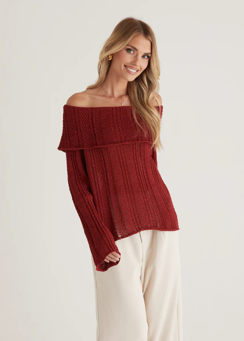 Lucy Off Shoulder Sweater - Burgundy