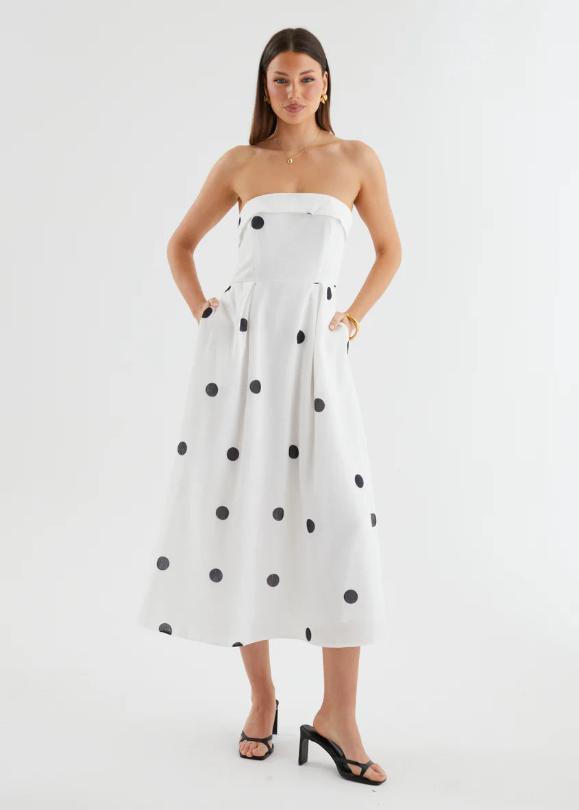 Charlee Strapless Midi Dress - White Polka