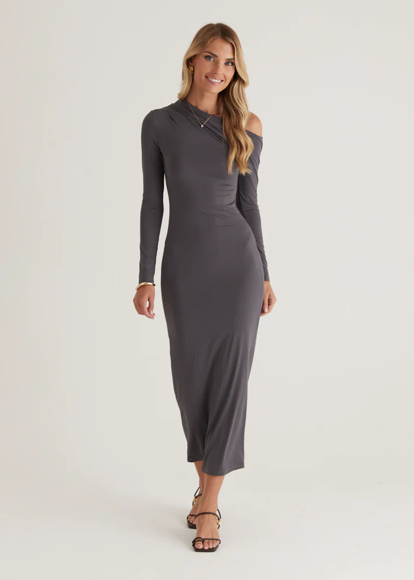 Dayla One Shoulder Midi Dress - Charcoal