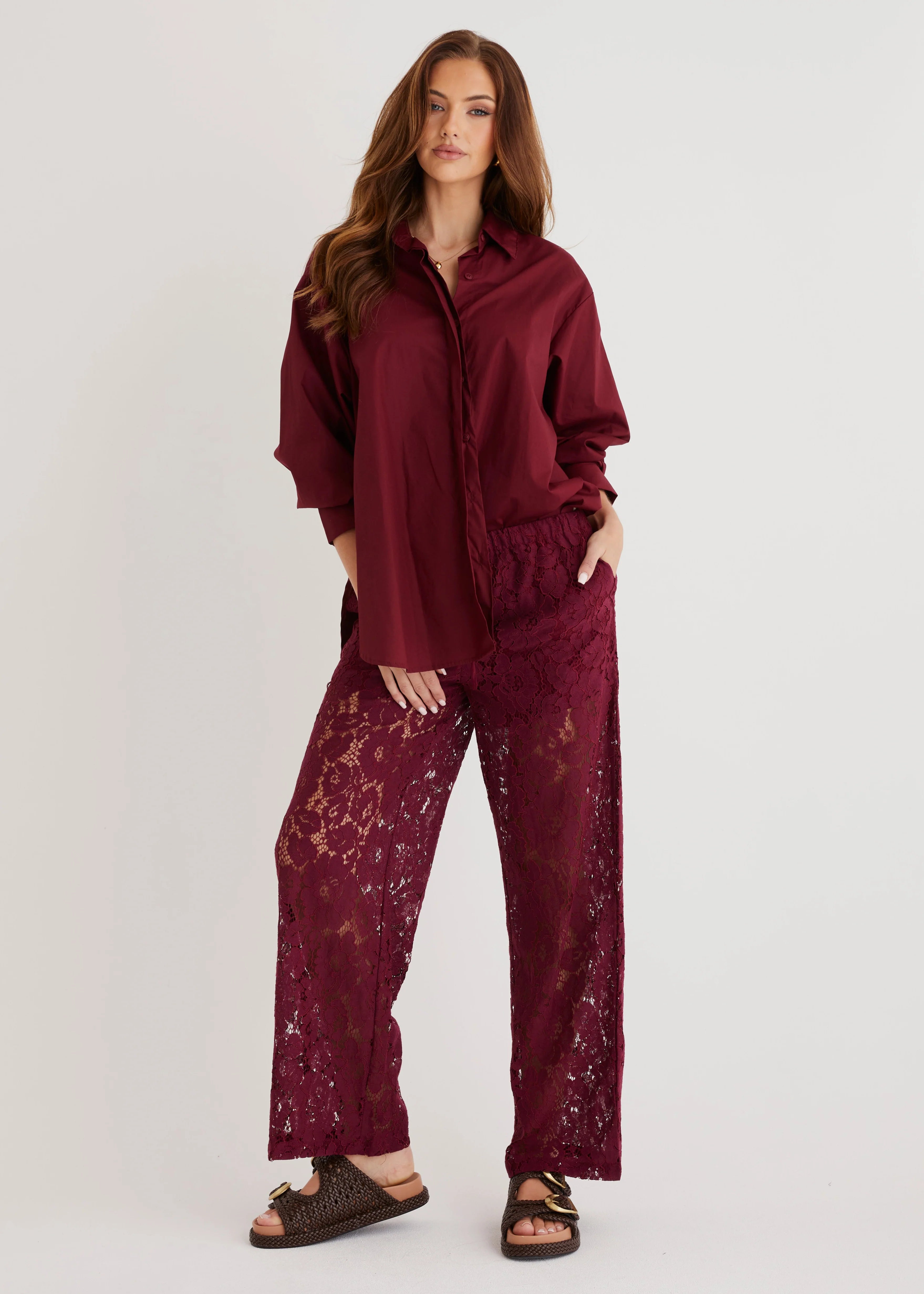 Amelia Lace Pants - Wine