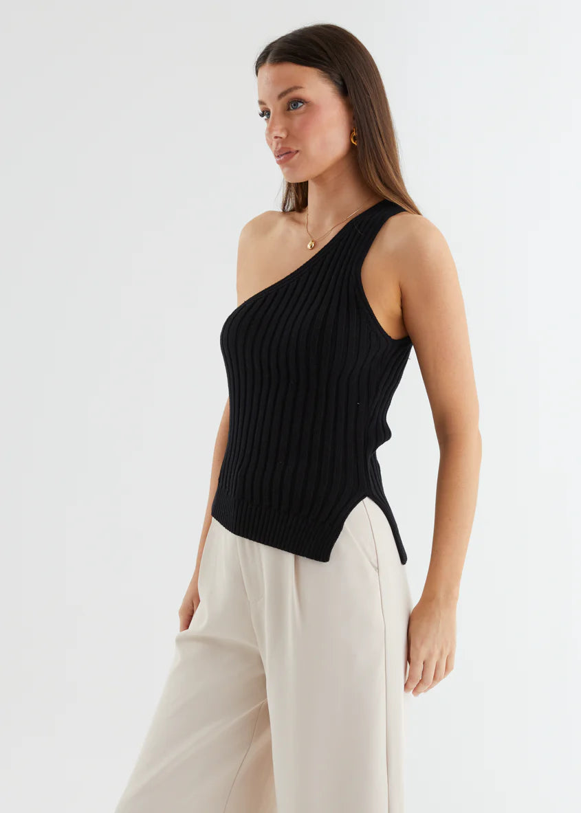 Natalee One Shoulder Knit Top - Black
