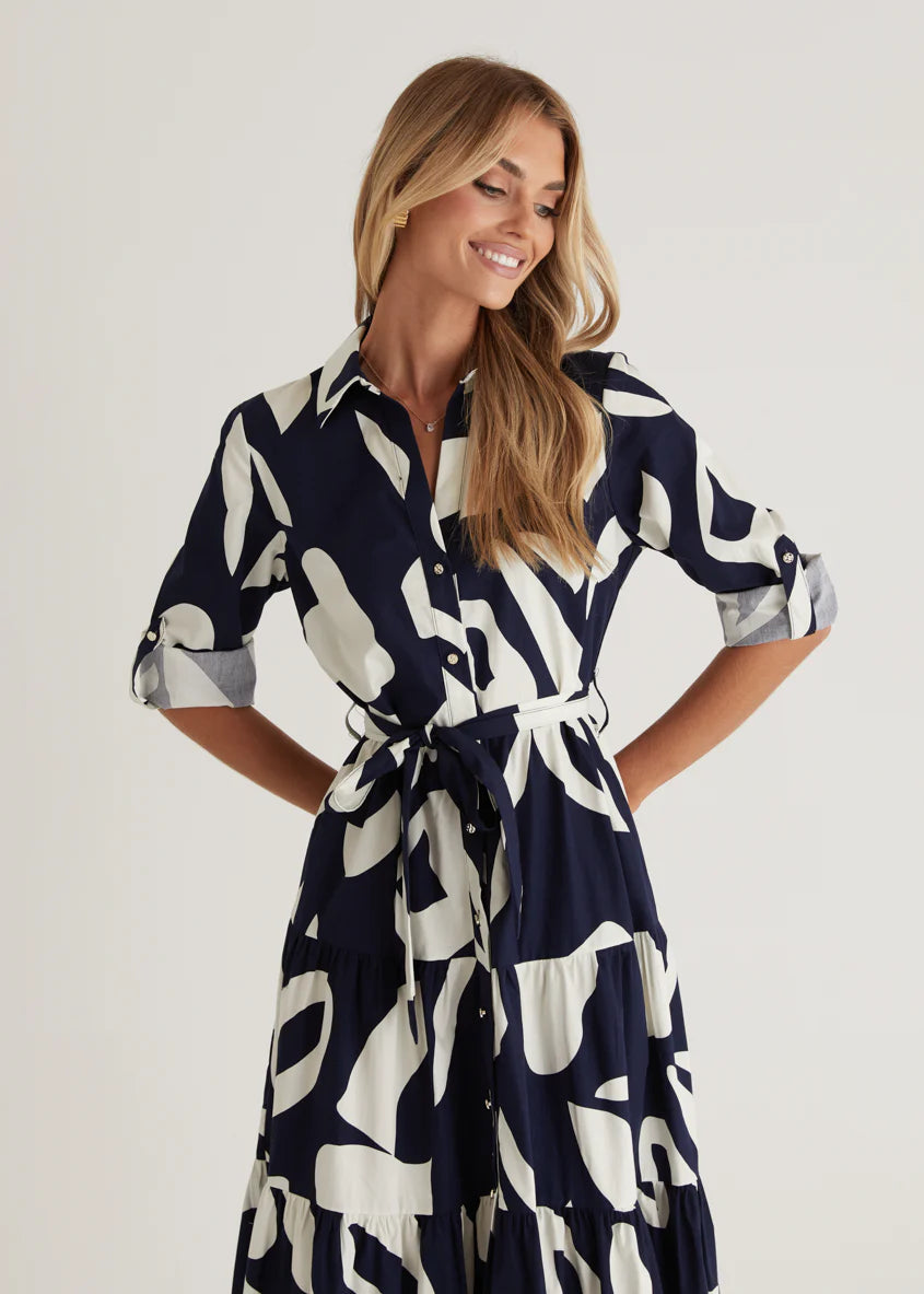Maybelle Midi Dress - Navy Leaf
